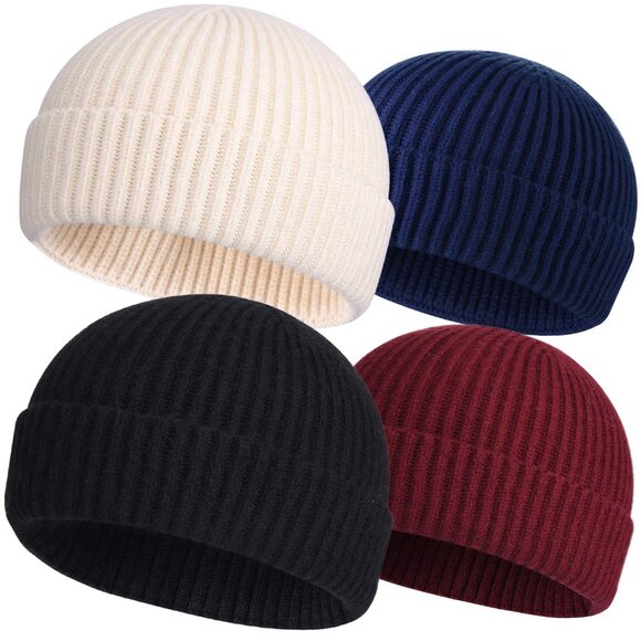 Wool Fisherman Beanies Knit Short Watch Caps Winter Warm Hats Pack